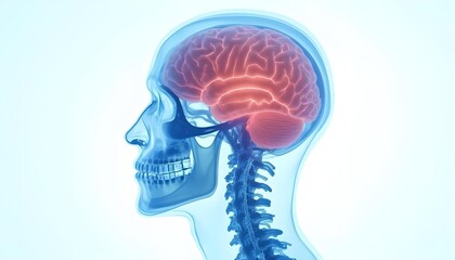 X ray style side view of human head and spine with glowing brain highlighting anatomy neurology and mental health concept