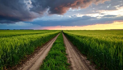 Rural road through a field at sunset