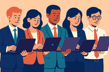 A set of illustrations featuring business characters, including men and women, using laptops while standing and conversing in diverse poses