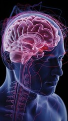 3D render of transparent human head with glowing brain and spinal cord highlighting nervous system mental health and anatomy