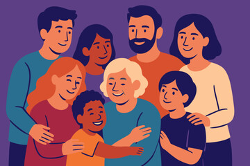 Vector illustration of three generations of a multiracial family, including children, parents, and grandparents, all embracing together