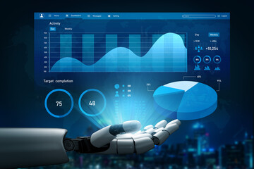 A futuristic robotic hand interacts with advanced digital data visualizations on a sleek screen, showcasing business metrics and analytics in a high-tech environment. Impute