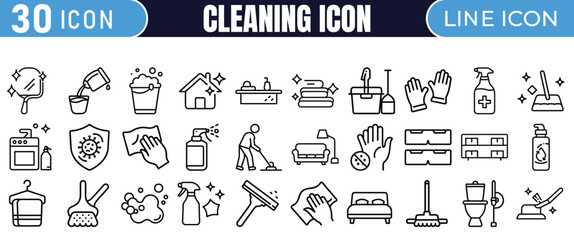 Cleaning Line Icons , 30 Editable Outline Symbols for Cleaning Services & Hygiene