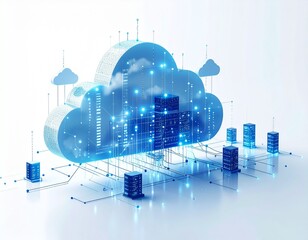 Cloud computing network infrastructure with data storage and servers in a digital environment.