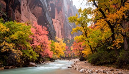 River Flowing Through Autumn Canyon with Colorful Trees