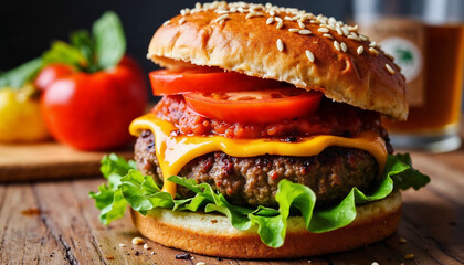 Close up of fresh cheeseburger with lettuce tomato cheddar cheese beef patty and sesame bun served with cold beer on rustic background