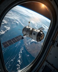 View of satellite from spaceship window orbiting earth