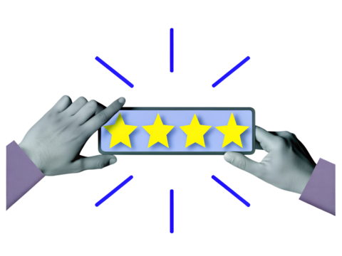 Hand choosing a four yellow star in phone app. Excellent mark concept. Modern collage style. Illustration on transparent background