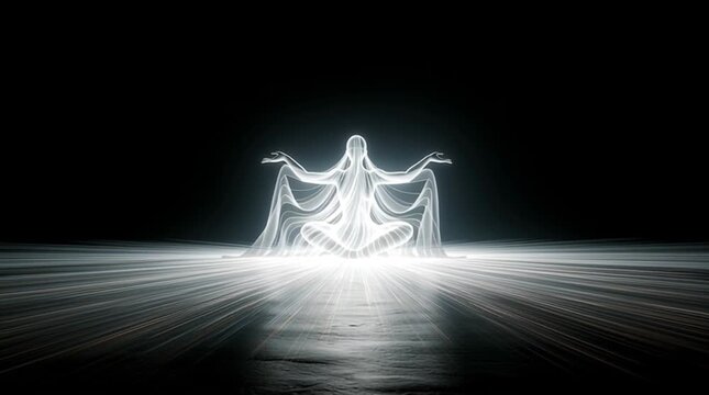 Beautiful ethereal figure formed from pure white light meditates in a dark, empty space, radiating a powerful, expanding aura of energy that conveys peace, transcendence, and spiritual awakening.

