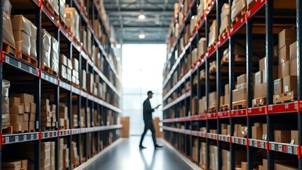 A modern warehouse interior with organized shelves and a worker silhouette in soft ambient lighting.