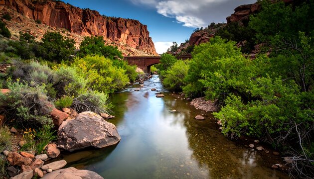 River Flowing Through Canyon with Bridge and Lush Greenery