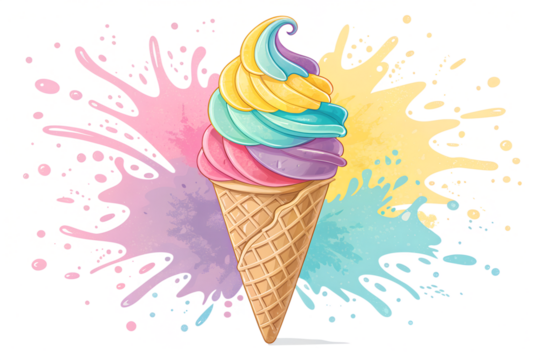 Colorful soft serve ice cream cone with watercolor splashes isolated on transparent background