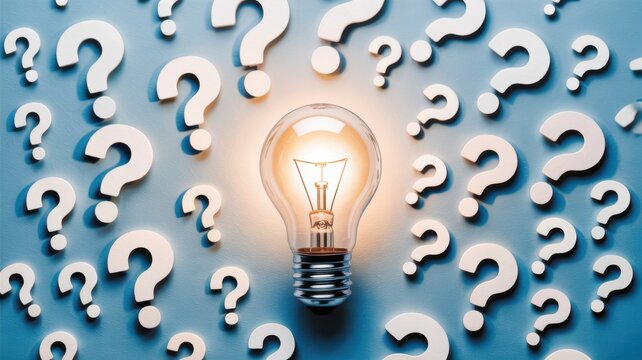 Illuminated Light Bulb Amongst Many Question Marks