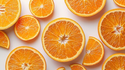 Fototapeta premium Sunshine in Slices: Vibrant Close-Up of Fresh Orange Slices on a White Background – Juicy Segments with Glistening Pulp, Bright Orange Rinds, Scattered Juice Droplets