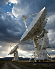 Large radio telescope dishes under a dramatic cloudy sky