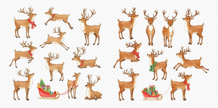 A set of watercolor Christmas reindeer illustrations in various poses, including standing, running, sitting, and pulling sleighs with presents.
