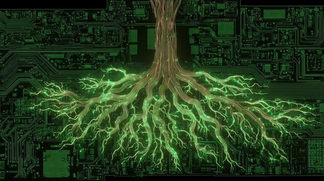 Luminous digital tree roots illuminate complex circuit board pathways, symbolizing growth and connectivity in technology and innovation.