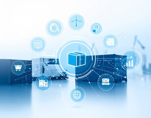 Digital representation of global logistics and supply chain management with shipping containers and trucks.