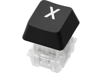 Black keyboard keycap with letter x floating above mechanical switch on transparent background