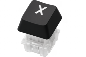 Black keyboard keycap with letter x floating above mechanical switch on transparent background