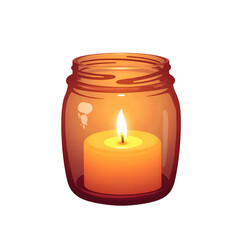 Cozy glass candle jar with flame, warm home decor concept