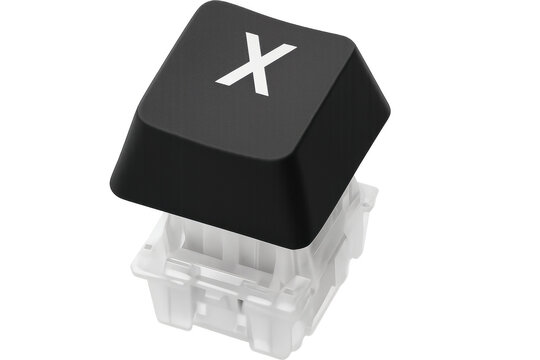 Black keyboard keycap with letter x floating above mechanical switch on transparent background