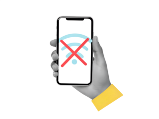 Black and white hand holding a phone with a crossed Wi-Fi sign on a screen. Modern photo collage style. Illustration on transparent background