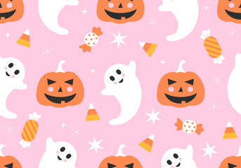 Halloween seamless pattern background with pumpkins and ghost, sweets. Halloween pumpkin jack-o-lantern. Cute design. Trendy art style abstract autumn texture