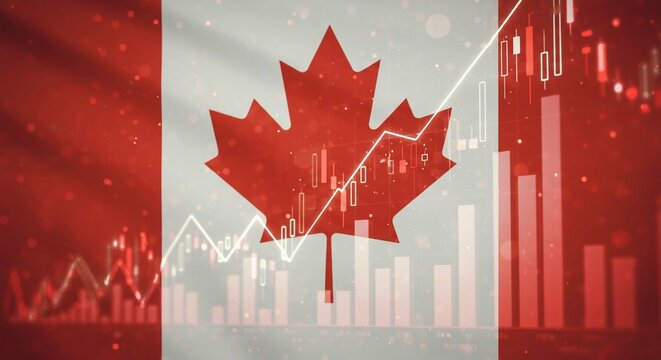 Canadian economy and financial market growth represented by a rising stock market graph and charts overlaid on the Canadian flag