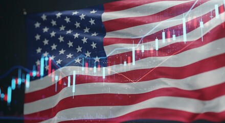 U.S. economy and stock market performance with a financial candlestick chart overlaid on a waving American flag