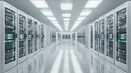 Modern data center server room with glowing racks of network equipment in white high-tech environment