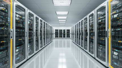 High performance data center with glowing server racks in secure white facility for network infrastructure