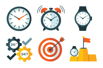 Fototapeta premium Collection of clocks and time management icons representing productivity and goals