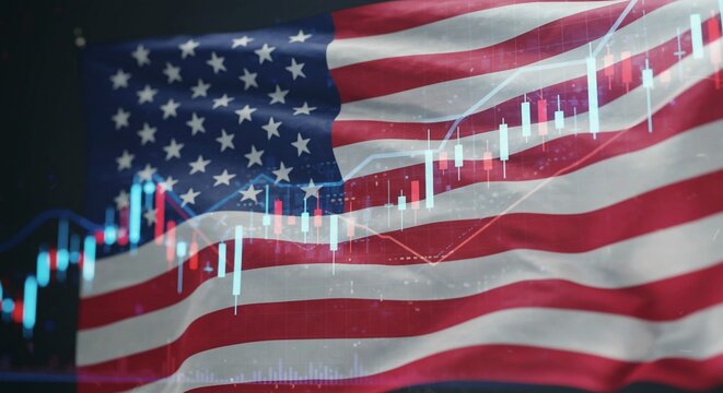 U.S. economy and stock market performance with a financial candlestick chart overlaid on a waving American flag