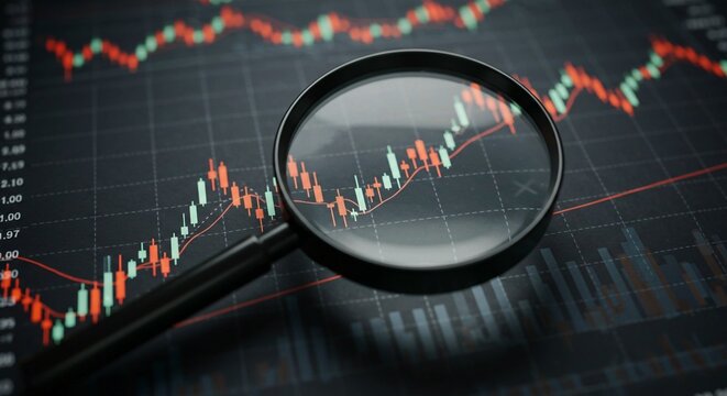 Detailed analysis of a stock market chart, with a magnifying glass examining a section of the candlestick graph
