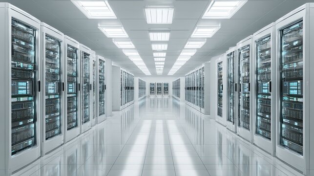 Modern data center server room with glowing racks of network equipment in white high-tech environment - Powered by Adobe
