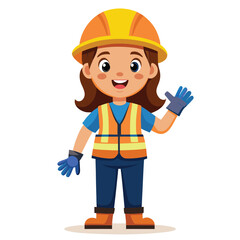 Friendly Female Construction Worker Cartoon Character Welcoming with a Wave Confidently Wearing a Safety Helmet and Gear Ready for Work