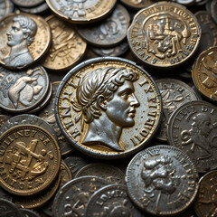 A treasure of Roman gold and silver coins.Trajan Decius. AD 249-251. AV Aureus.Ancient coin of the Roman Empire.Authentic silver denarius, antoninianus,aureus of ancient Rome.Antikvariat.
