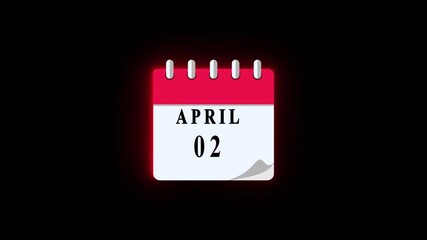 02 April date calendar icon animation, calendar icon video, calendar moving neon black background.