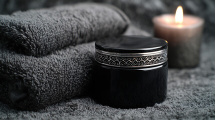 Matte black moisturizer jar, silver accents, plush towel, candle glow