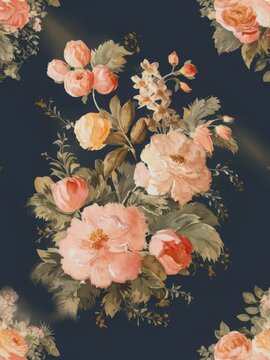 Fototapeta Vintage floral arrangement with peachy and pink roses on dark background
