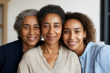 Three generations of African-American women, natural with no makeup, grandmother, mother and daughter, copy space