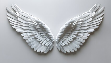 Obraz premium Serene Wings: A pair of intricately sculpted, pristine white wings, displayed against a subtle backdrop, evoking a sense of peace, grace, and spirituality.