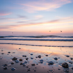 Coastal Sunrise Scene – A tranquil beach at dawn, with soft pastel skies reflecting on gentle ocean waves, seashells scattered along the wet sand, and distant seagulls gliding over the water.


