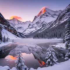 Snowy mountain sunrise &mdash; Majestic snow-covered peaks glowing in soft pink and gold light, with a crystal-clear alpine lake reflecting the mountains and a thin layer of morning mist drifting over the w