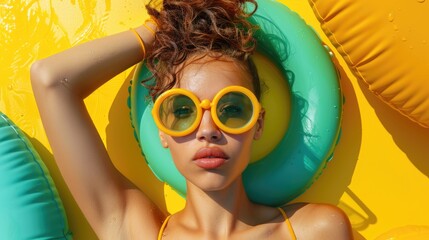 Young woman with curly hair wearing yellow sunglasses is relaxing on a colorful inflatable ring in a bright pool, enjoying a sunny summer day and embodying leisure and joy