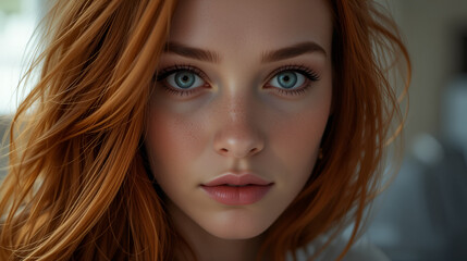 redhead pretty woman keeping an eye on you, not trusting, watching and staying alert and vigilant