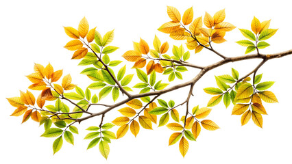 Colorful autumn maple branch with yellow and green leaves isolated on transparent background for fall designs and other concepts