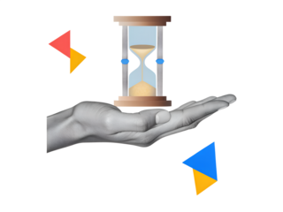 Black and white hand holding a sandglass. Modern collage style. Illustration on transparent background