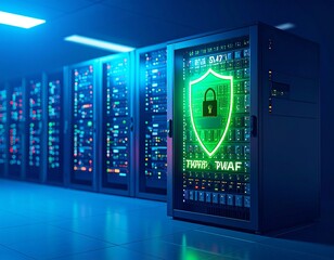 Cybersecurity concept with a glowing green shield icon on a server rack in a modern data center.